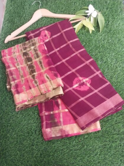 Dark Maroon Checked Bandhini Texture Pure Cotton Soft Material with Blouse