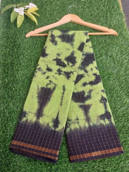 Light Green Black Tie and Dye Pure Cotton with Zari Checked Pattern