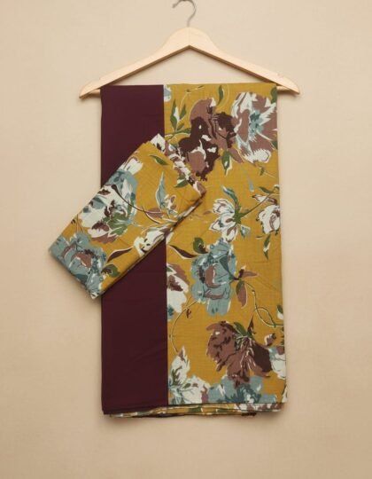 Brown Printed Mustard Yellow Semi Crepe Cotton with Blouse