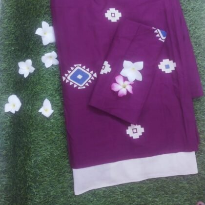 Dark Violet Cream Half & Half Semi Crepe Cotton Saree with Blouse
