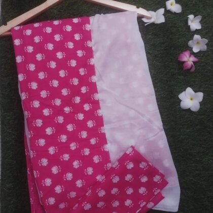 White Pink Floral Half & Half Semi Crepe Cotton Saree with Blouse