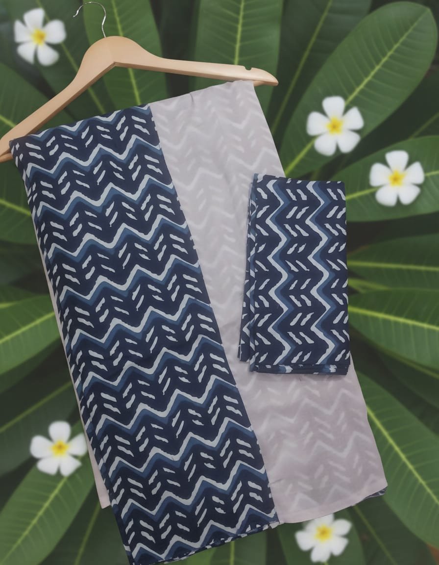 White Printed Indigo Shade Semi Cotton Crepe Saree with Blouse