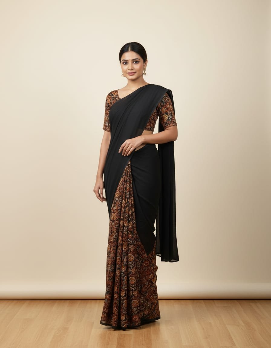 Black Printed Semi Cotton Crepe Saree with Blouse
