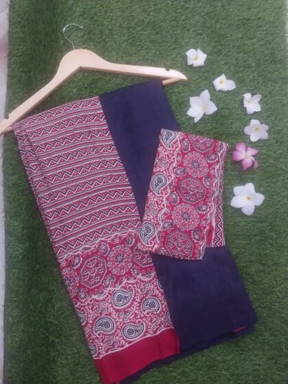Half and Half Crepe Rayon Printed Saree with Blouse in Dark Blue and Red Motif