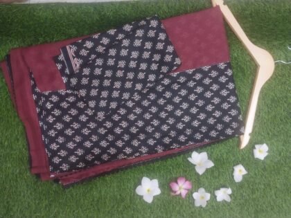 Half and Half Semi Cotton and Crepe Saree with Black Printed Motif and Blouse