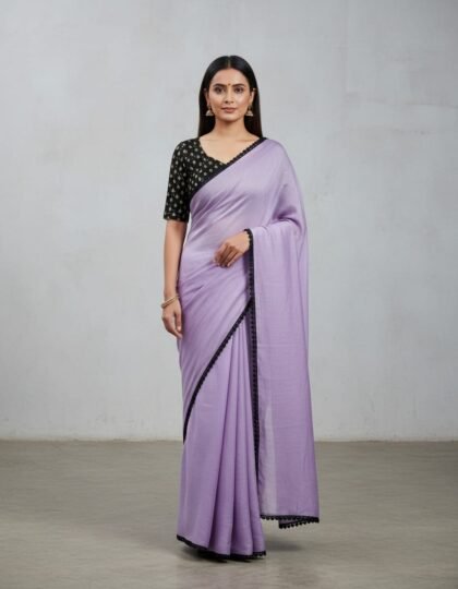 Lavender Plain Saree with Black Lace Border and Brocade Blouse