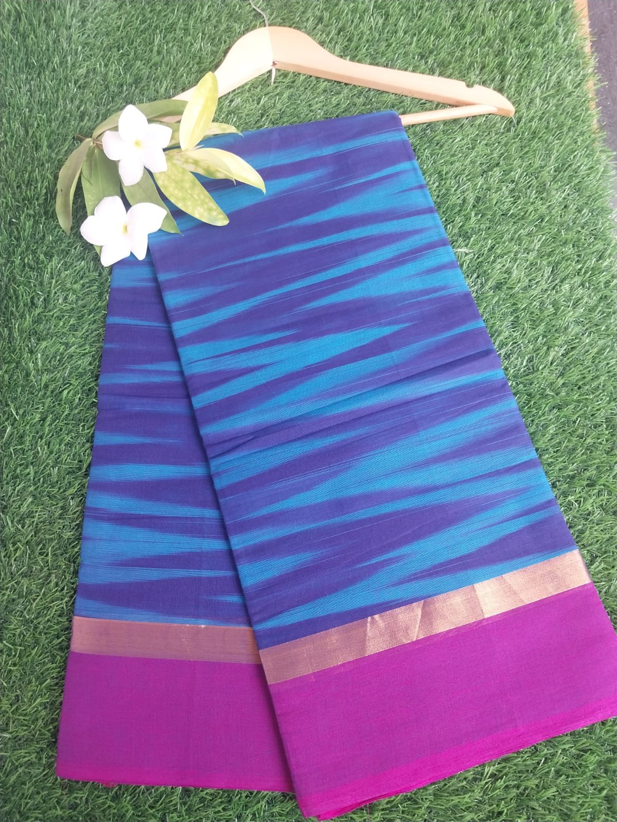 Ikat Pattern Pure Cotton Saree with Pink & Gold Border