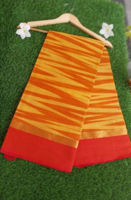 Yellow Red Ikat Cotton Saree with Red-Gold Border