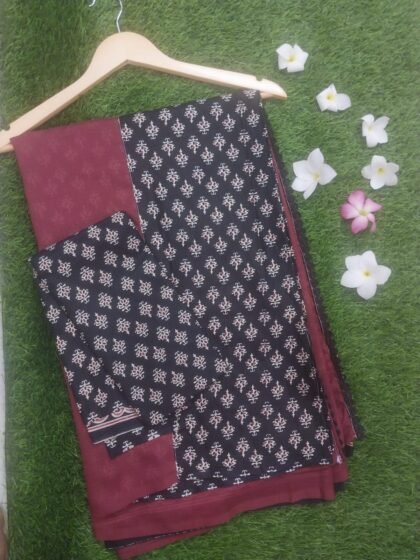 Black Printed Semi-Cotton Crepe Saree with Blouse