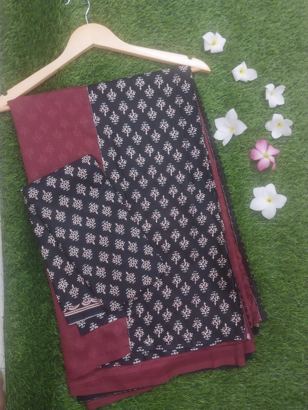 Black Printed Semi-Cotton Crepe Saree with Blouse