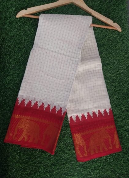 White Checked Pure Cotton Saree with Gold Zari & Red Border