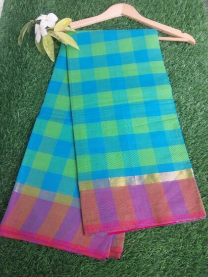 Checked Multicolor Cotton Saree with Golden Border