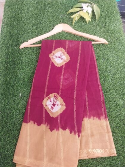 Maroon & Light Orange Cotton Saree with Tie & Dye Motifs and Golden Stripes