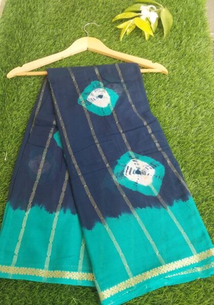 Dark Blue & Green Cotton Saree with Tie & Dye Motifs and Golden Stripes