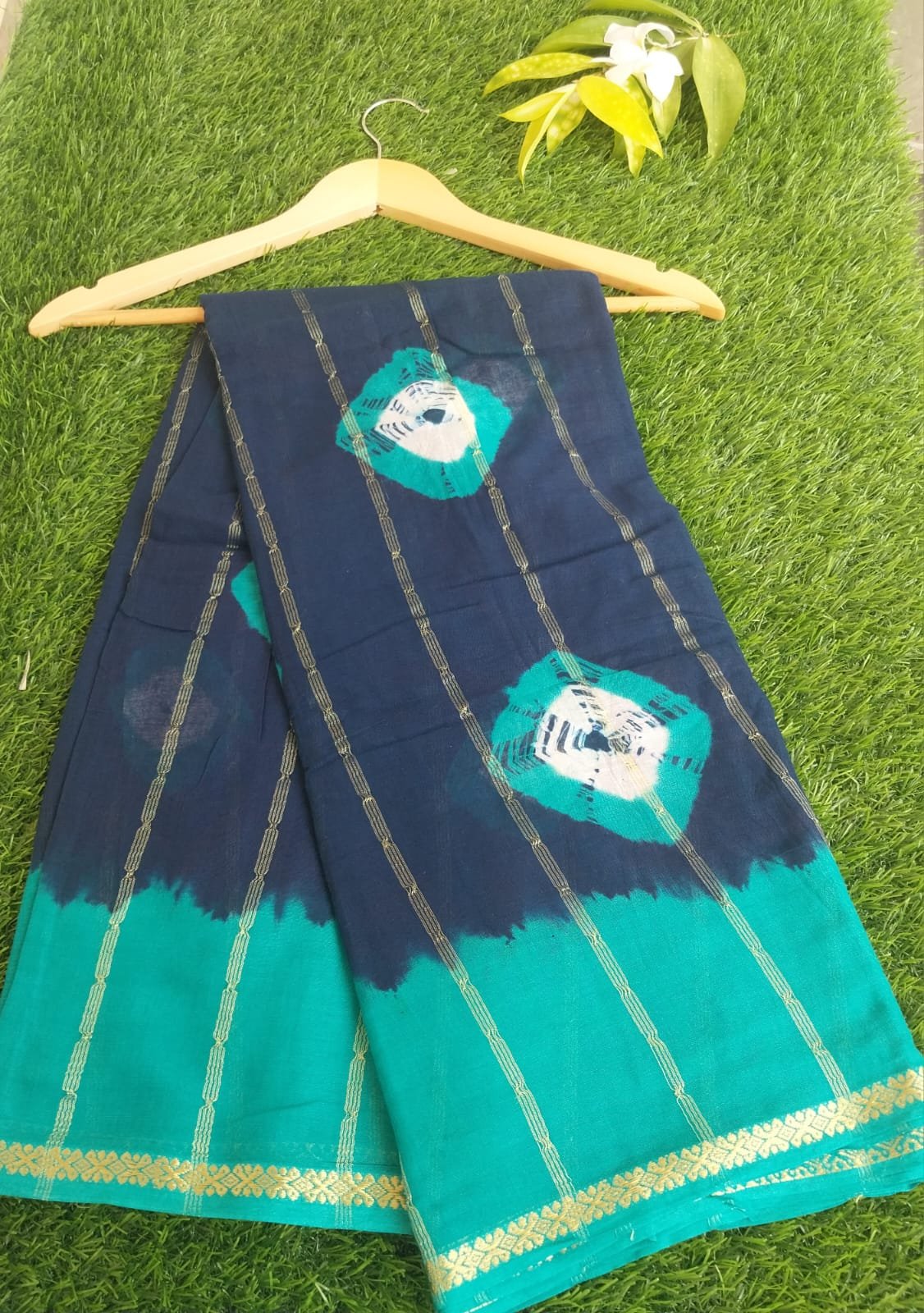 Dark Blue & Green Cotton Saree with Tie & Dye Motifs and Golden Stripes