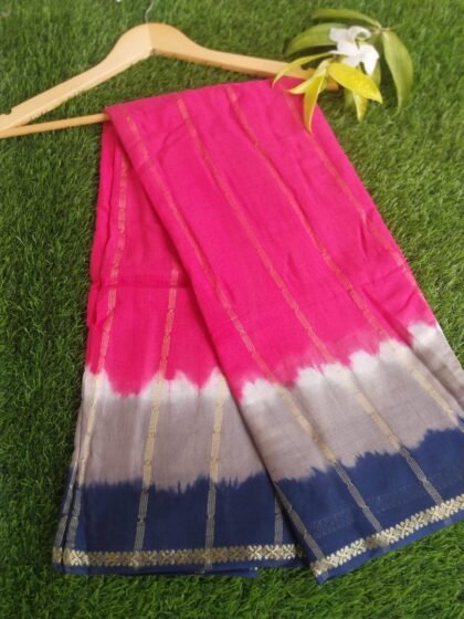 Pink, Grey & Dark Blue Cotton Saree with Golden Border