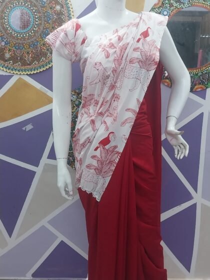 Half and Half Cotton and Crepe Saree in White Wild Print and Red with Blouse