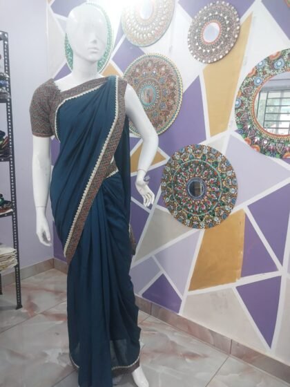 Peacock Blue Fancy Saree with Lace & Fabric Border and Blouse
