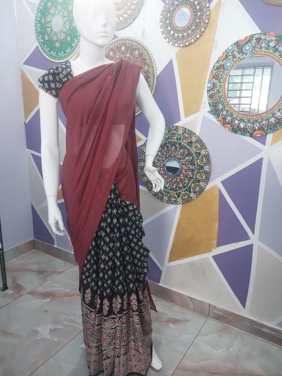 Black Printed & Brown Half and Half Saree with Matching Blouse