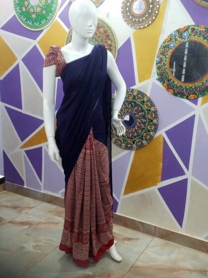 Printed Dark Blue & Red Half and Half Saree with Long Border and Matching Blouse