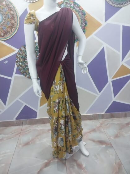 Mustard Yellow & Brown Printed Saree with Blouse