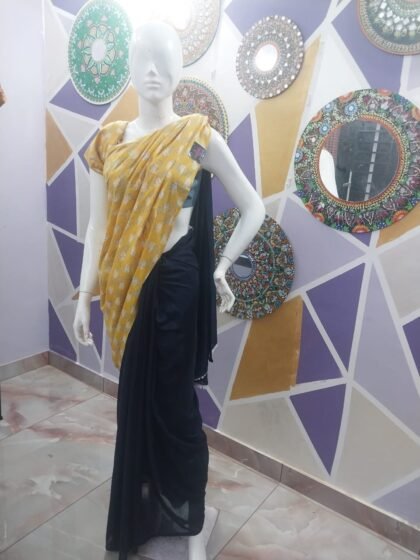 Half & Half Mustard Floral and Dark Blue Saree with Blouse