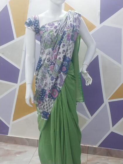 Half & Half Light Green and Quilt Printed Saree with Blouse