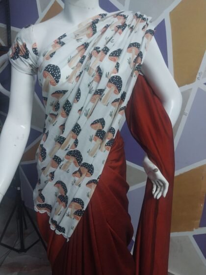 Brown Shade Combination Saree with Mushroom Print and Blouse