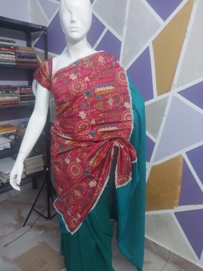 Peacock Green with Pink Multi-Color Printed Half & Half Saree with Matching Blouse