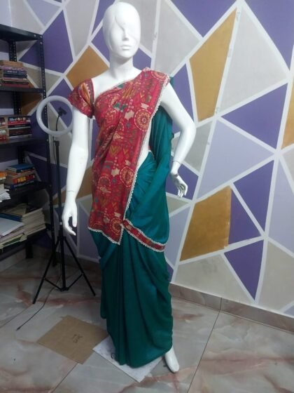 Peacock Green with Pink Multi-Color Printed Half & Half Saree with Matching Blouse